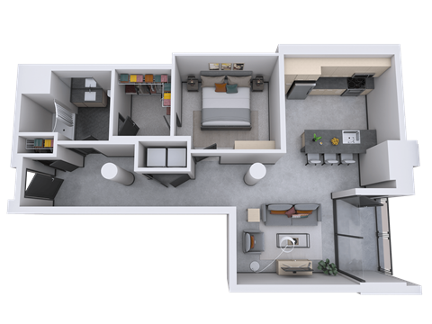 Floor plan for 1 bed, 1 bath, 890 sqft